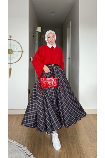 NİLNUR MODA Yeni Sezon Kadın Duble Kloş Ekose Trend Etek Beli Lastikli