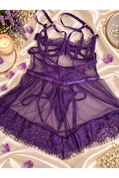 Mor Dantel Detaylı Tül Babydoll Gecelik