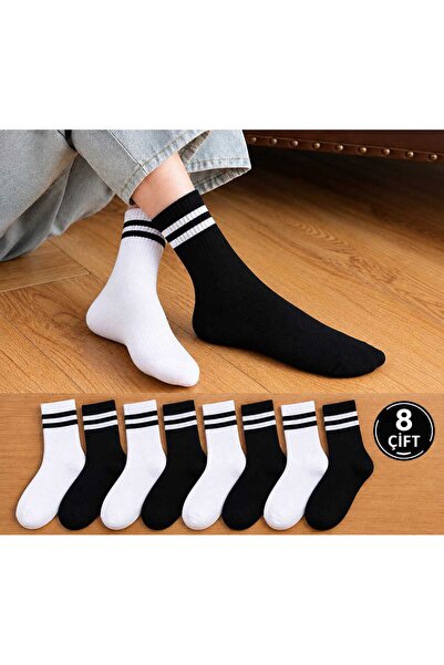 8 Çift Siyah Beyaz Çizgili Tenis Kolej Çorabı – 4 Çift Siyah 4 Çift Beyaz, Unisex Spor Çorap