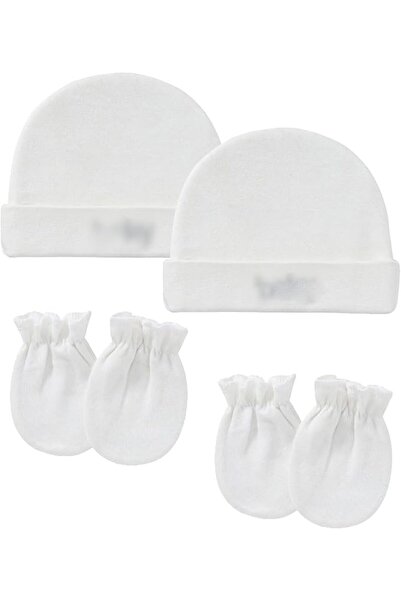 Duomama Newborn Baby Hat and Mitten Set - 2 White Cotton Hats with 2 Pairs of...