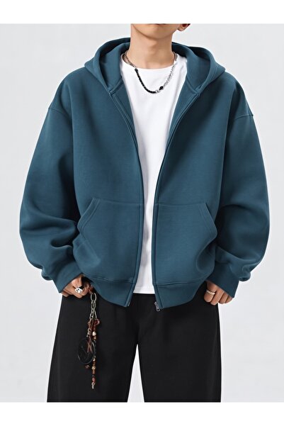 EXPECTED Men's Petrol Blue Oversize Zip-Up Hoodie - Streetwear Hooded Cardigan