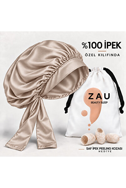 %100 İpek Ayarlanabilir Bağlamalı Saç Bonesi, Özel Kılıflı ve Saf İpek Peeling Kozası Hediyeli (Vizon Rengi)