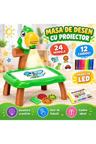 iTin Masa de Desen cu Proiector pentru Copii, Model Papagal Verde, 24 Modele ...