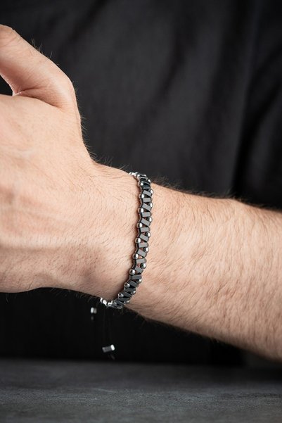 Nereze Small Rowed Bulk Zigzag Model Hematite Natural Stone Macrame Men's Bracelet