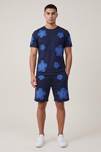 Stoykis Men's Shorts T-Shirt Set Blue Floral Printed 100% Cotton Summer Top a...