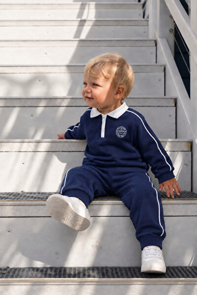 Mono Kids Bebek Polo Yaka Fermuarlı Şerit Detaylı Lacivert İkili Eşofman Takımı