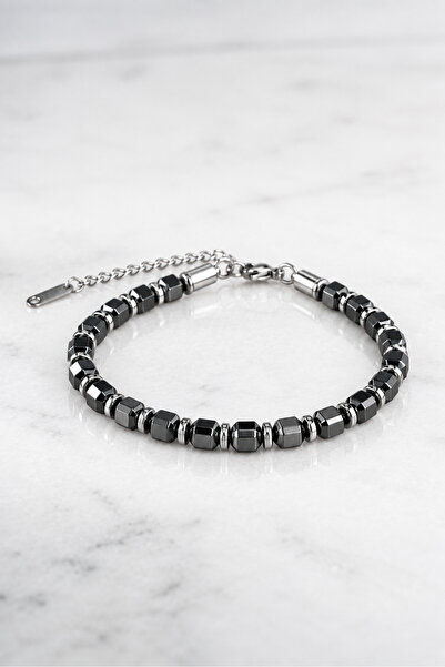 Nereze Hexagonal Hematite Natural Stone Men's Steel Bracelet