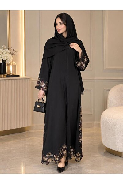my abaya عباية نسائية سوداء أنيقة بتفاصيل دانتيل وزخارف زهرية