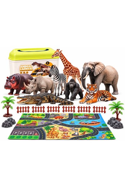 TOY LAND Wild Animal Figures Playset for Kids with Storage Box & Play Mat, 8 ...