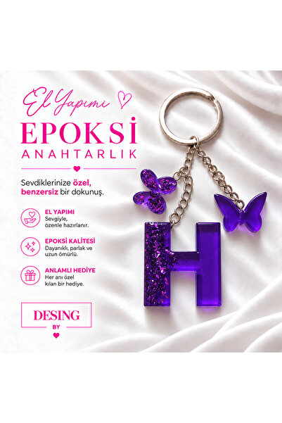 Epoksi Harf Anahtarlık Mor Simli H Harfi - El Yapımı Şık Tasarım