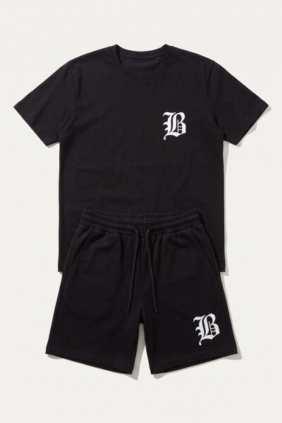 Stoykis Men Shorts T-Shirt Set Gothic B Letter Printed 100% Cotton Summer Bottom Top Set - Black