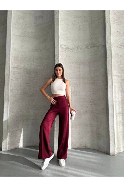 VELLMORA Modal Fabric Waist Belted Palazzo Trousers with Grass Detail