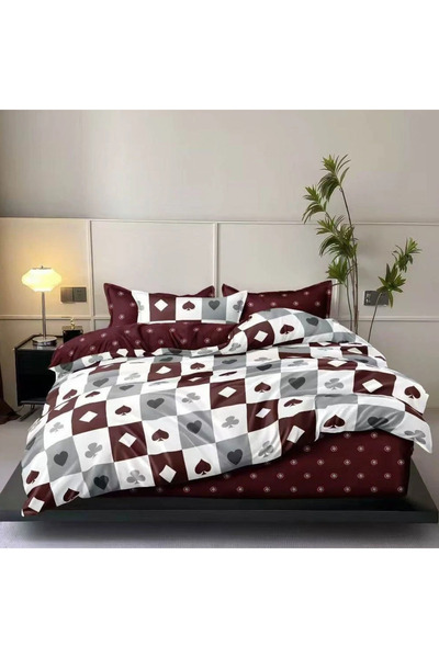 decorami Double bed linen with Stretchy, satin Cotton , Grena, White, hearts