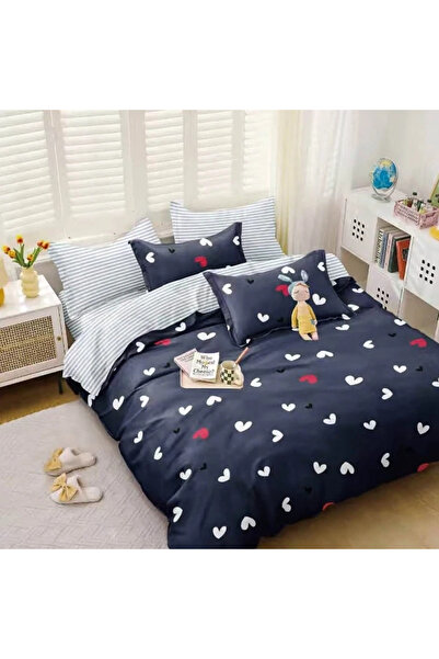 decorami Double bed linen, satin Cotton , 4 pieces, Blue, hearts