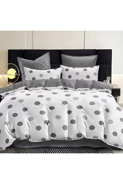 decorami Lenjerie pat dublu cu Elastic, bumbac satinat, Alb, Gri, buline