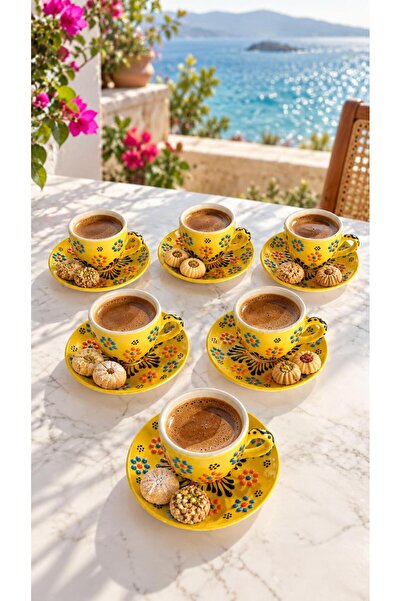 ers erbaşlar Çini Sarı 12 Parça 6 Kişilik Seramik El Yapımı Kahve Fincan Takı...