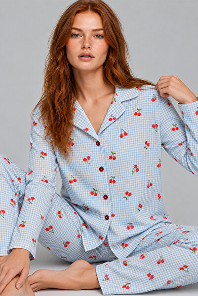 WomanAndKids Night Blue Women's Cherry Patterned Gingham Pajama Set 4792
