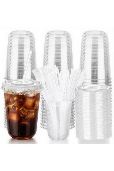 Chrysoverge 16oz Clear Plastic Cups with Lids and Straws, 50 Pack Disposable ...