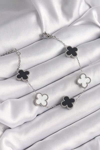 norsary 316L Steel Silver Color Black and White Clover Model Women's Bracelet