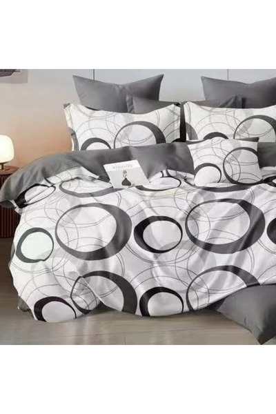 decorami Double bed linen with Stretchy, satin Cotton , White, Grey, circles