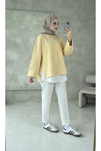 Oversize Yanları Yırtmaçlı İki İplik Pamuklu Günlük Rahat Kadın Sweatshirt İçlik Dahil Değildir(38-44 beden)