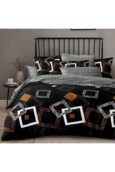 decorami Lenjerie pat dublu cu Elastic, bumbac satinat, Negru, Gri, patrate