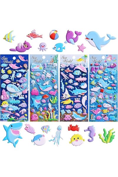 AZONEE 3D Puffy Ocean Animal Stickers – 4 Sheets Reusable Shark, Fish, Turtle...