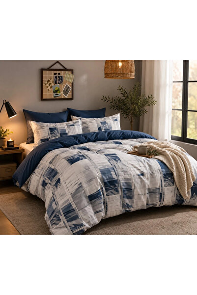 decorami Lenjerie pat dublu, bumbac satinat, 4 piese, Alb, Albastru, abstract
