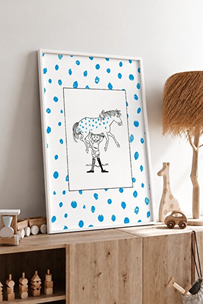 KEYFHOME Poster de pictură pe tablă MDF cu cadru cu buline albastre Pippi, ca...