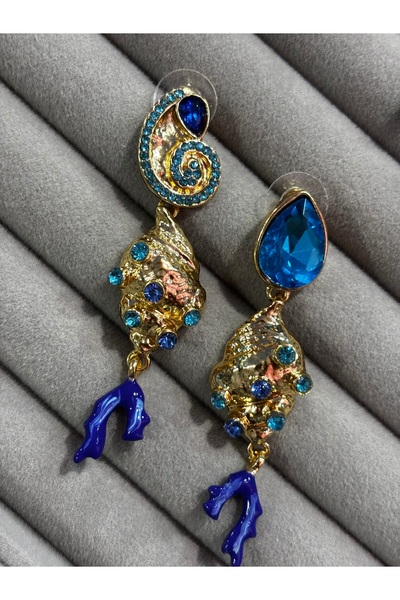 MODA Marina Series Blue Stone Dangle Earrings with Shell and Coral Figures