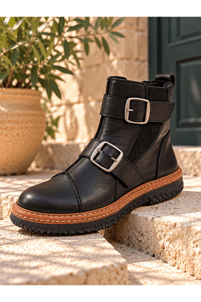 İNZE AYAKKABI Genuine Leather Double Buckle Detailed Boots Model Name: Durga