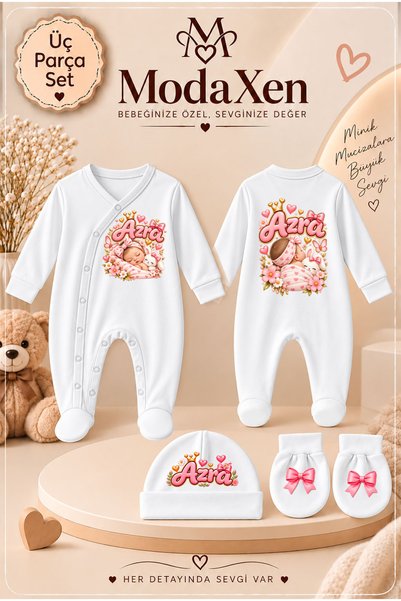 ModaXen Kişiye Özel İsimli Bebek Tulum 3’lü Set – Sevimli Baskılı %100 Pamuk ...
