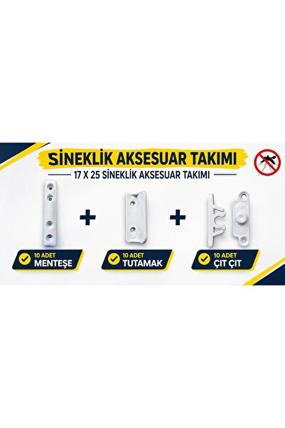 Sineklik Aksesuar Takımı 17X25 – Menteşeli Sistem Için 10’lu Menteşe-Çıtçıt-Kulplu Menteşeli Set