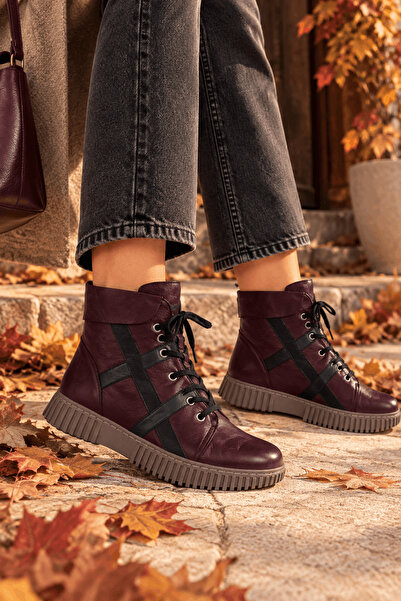 İNZE AYAKKABI Genuine Leather Lace-Up Zippered Thick-Soled Boots Model Name: ...