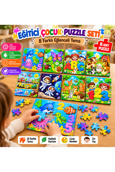 13x18 40 Parçali Eğitici Çocuk Puzzle Seti – 8 Farklı Tema