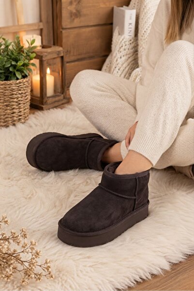MİSSWEMODASHOES Thick Sole Bitter Brown Furry Mini Women's Boots