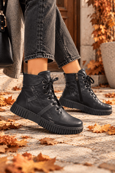 İNZE AYAKKABI Genuine Leather Lace-Up Zippered Thick-Soled Boots Model Name: ...