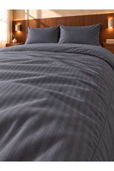 Navessa Home Collection Çizgili Pamuk Saten Çift Kişilik Gri Nevresim Seti - ...
