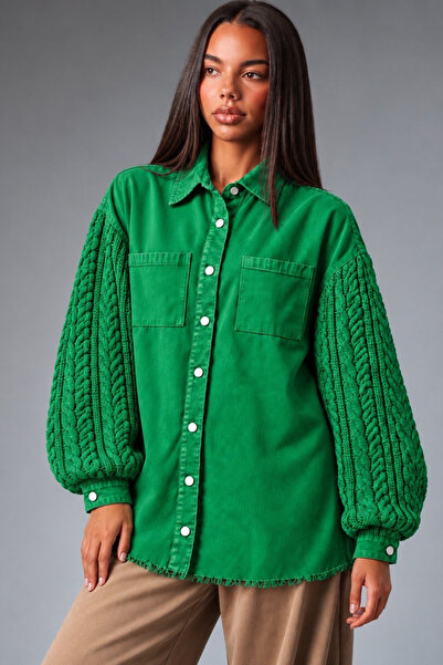 oshebu Oversized Shirt Jacket with Knitted Sleeves, Braided Pockets, and Tassels