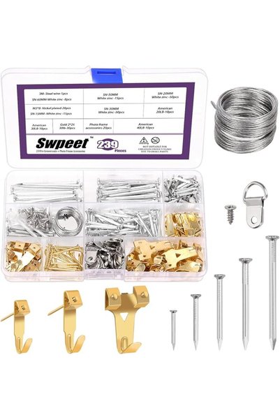 Swpeet طقم تعليق الصور 239 قطعة، أداة تعليق إطارات الصور، يشمل خطافات ذهبية ل...