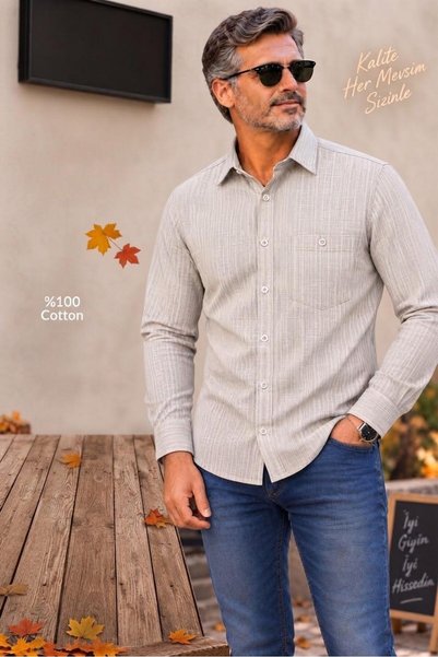 GÖMLEK GALERİSİ Men's Classic Wide Cut Long Sleeve Cotton Shirt with Pockets