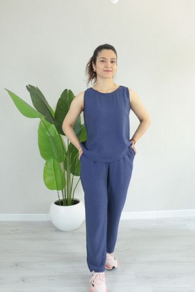 Femella Women Fashion Tensel Kumaş Sıfır Kol Yazlık Havuç Paça Rahat İkili Takım