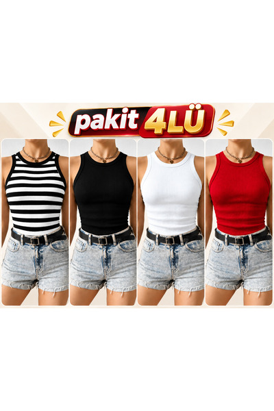 MADALİNA Kadın 4'lü Paket Fitilli Atlet – Bisiklet Yaka Esnek Basic Üst-Çizgi...