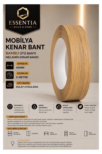 ESBH Mobilya Kenar Bant 40 mm x 5 Metre Bambu Ütü Bantı Melamin Kenar Bandı