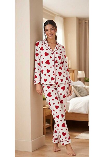 Gömlek Yaka Kalpli Pijama Takımı