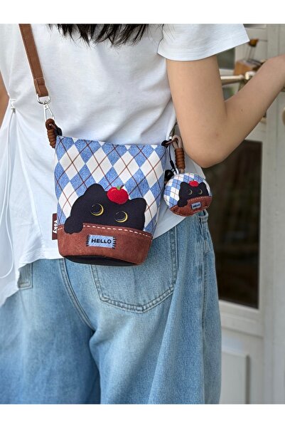 Street Bag حقيبة كتف وحقيبة يد بنمط القط الأسود على الطراز الكوري مع إكسسوارا...