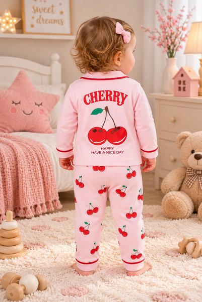 MOVAMIR BABY Baby Girl 100% Cotton Cherry Patterned Long Sleeve Buttoned Back Printed Pajama Set