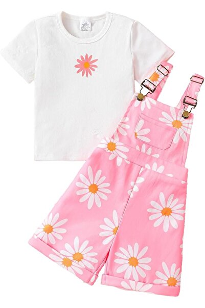 GENERAL Girls Sunflower Crewneck Ribbed T-Shirt + Sunflower Print Overalls Sh...