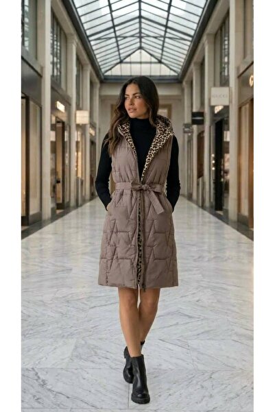 GLAMSI Vestă damă Emma midi, matlasată, reversibilă, buzunare laterale – Bej închis