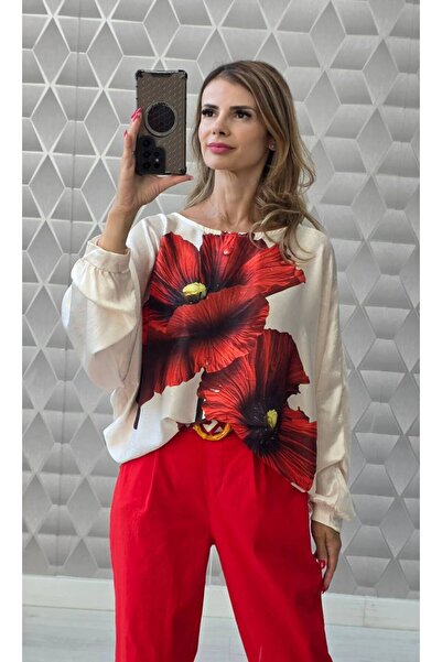 GLAMSI Γυναικεία μπλούζα Camelia από τυπωμένο σατέν, με μακριά μανίκια, ρευστ...